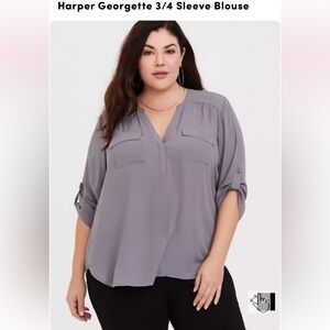 Torrid Gray Harper Georgette 3/4 Sleeve Blouse